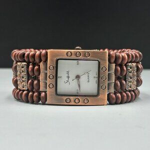 Sheffield Watch Women Copper Tone Wood Beaded Cuff Band New Battery 6.75"